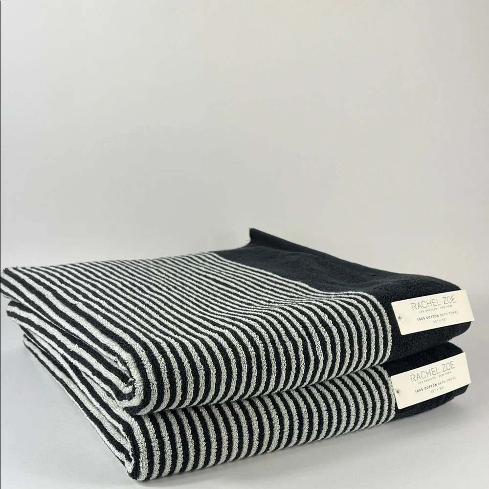 Rachel Zoe Bath Towels Black Cream Striped Plush Luxury 100% Cotton Set of 2 NEW